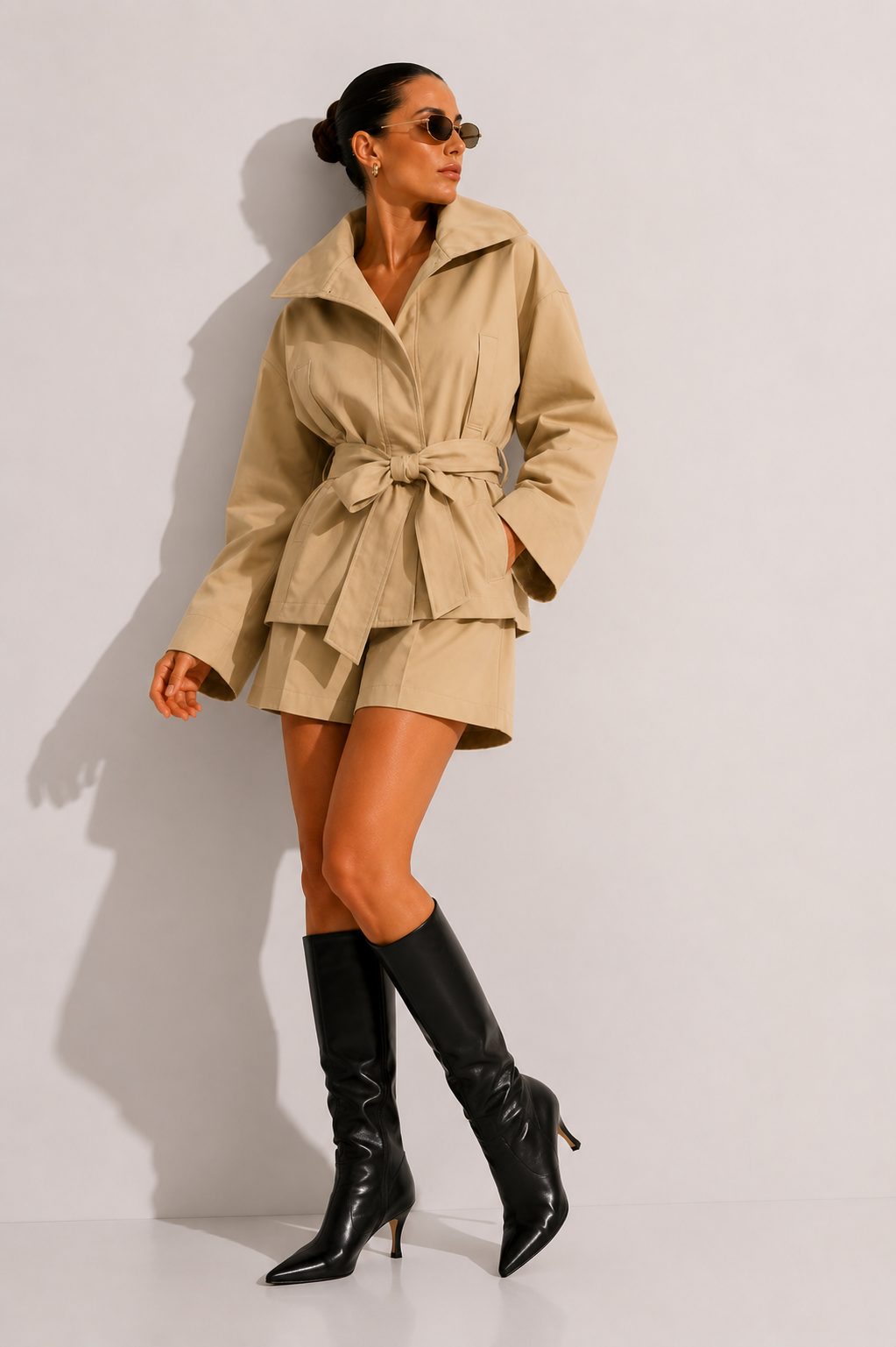 High-Neck Belted Jacket and Pleated Shorts Co-ord