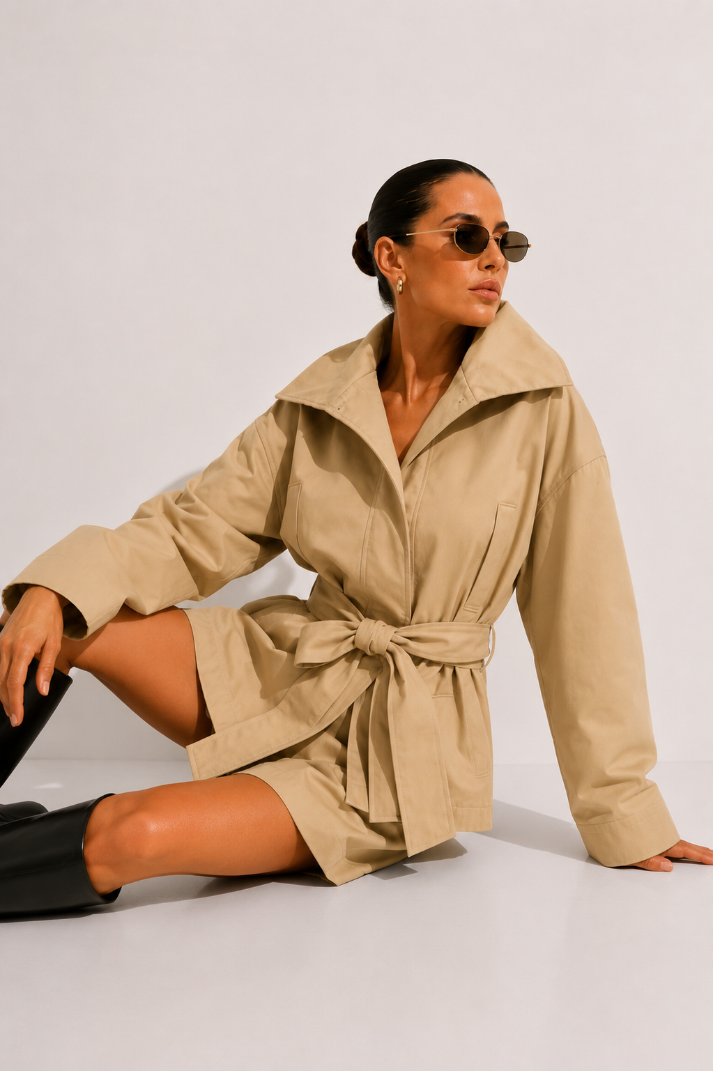 High-Neck Belted Jacket and Pleated Shorts Co-ord