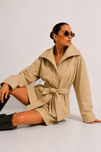 High-Neck Belted Jacket and Pleated Shorts Co-ord