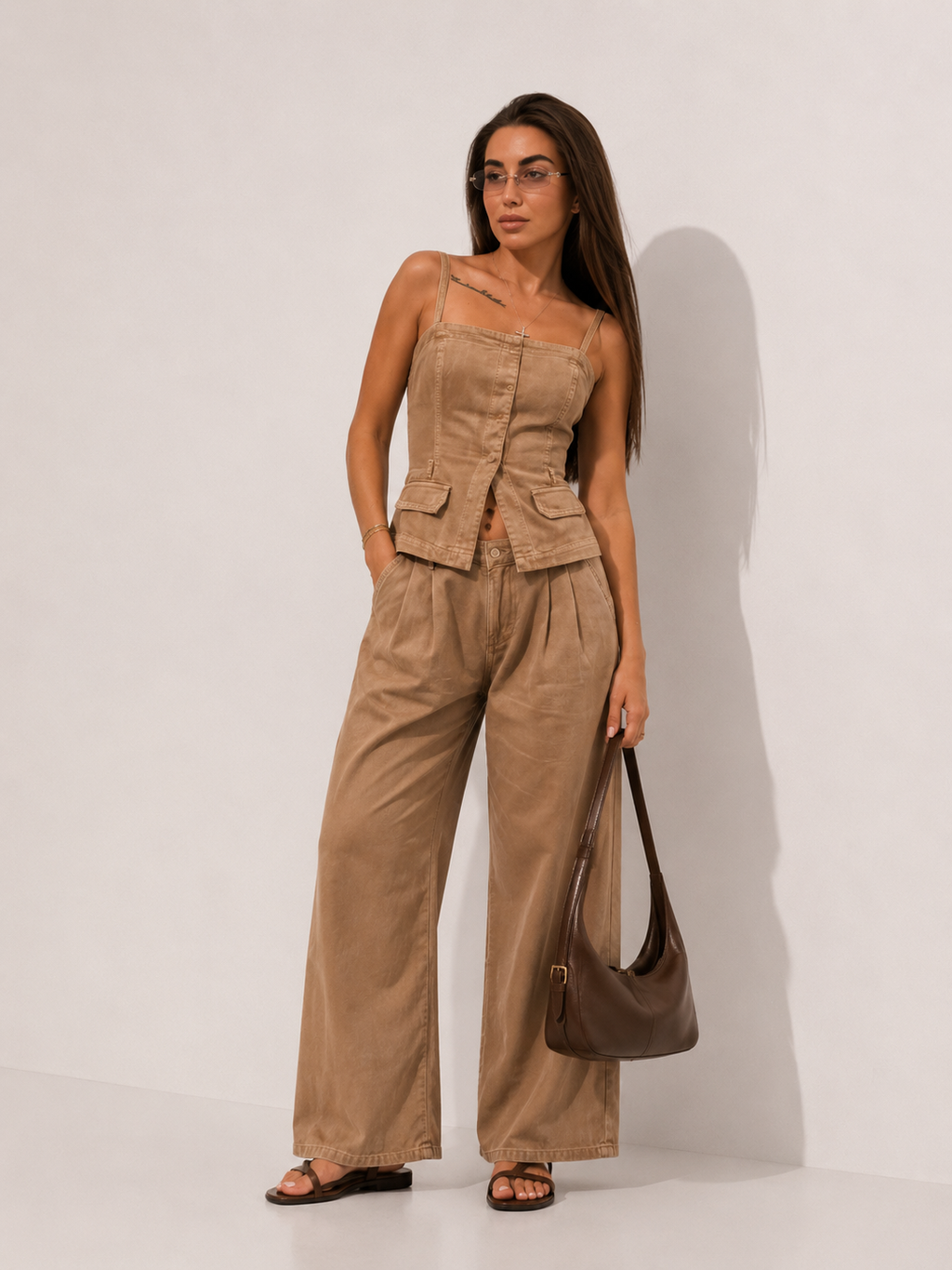 Panneled Denim Corset and Pleated Trouser Co-ord