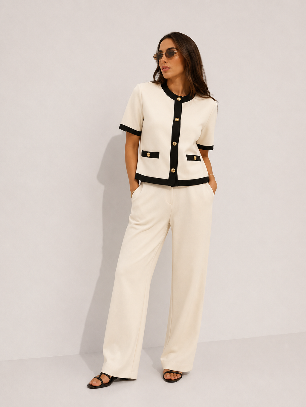 Contrast Binding Short-Sleeved Jacket and Trouser Set