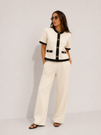 Contrast Binding Short-Sleeved Jacket and Trouser Set
