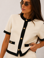 Contrast Binding Short-Sleeved Jacket and Trouser Set