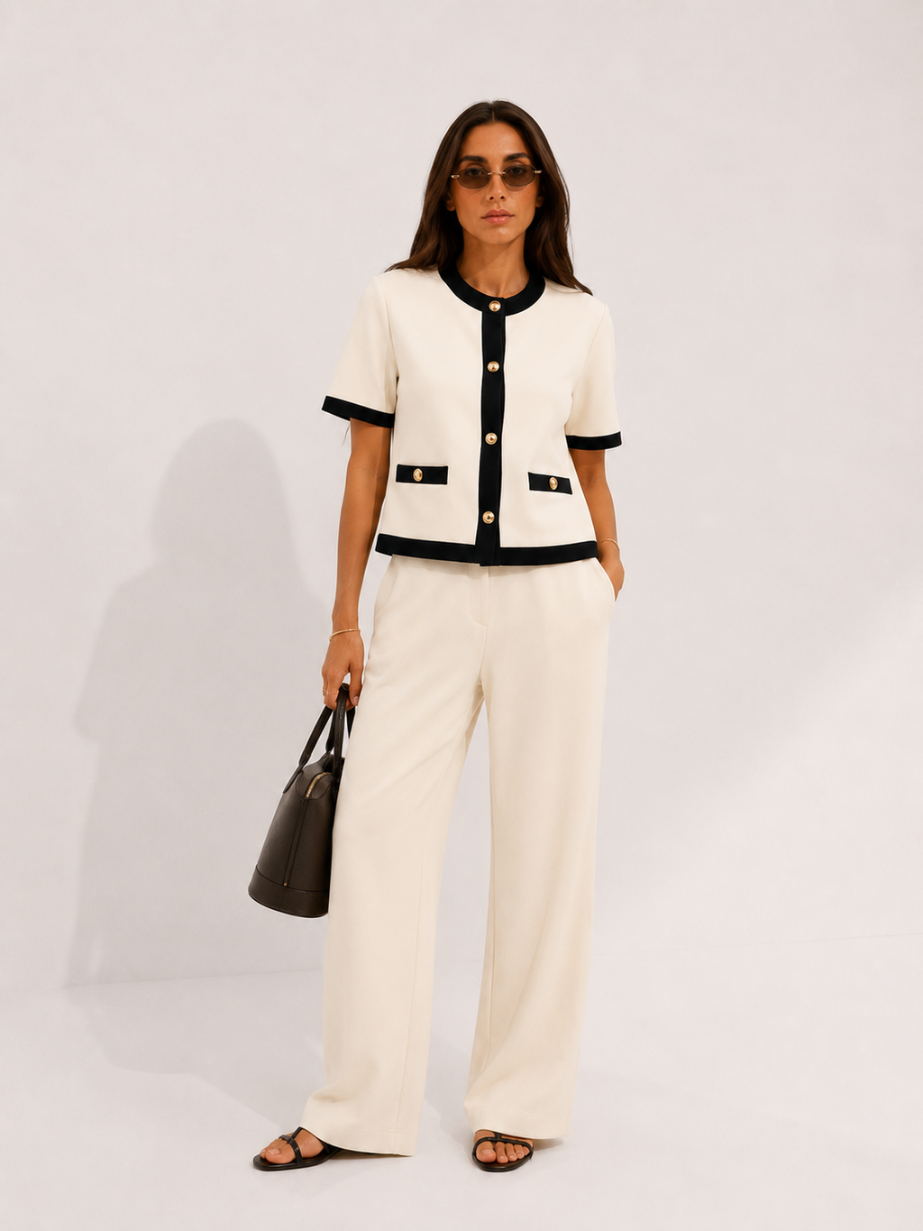Contrast Binding Short-Sleeved Jacket and Trouser Set