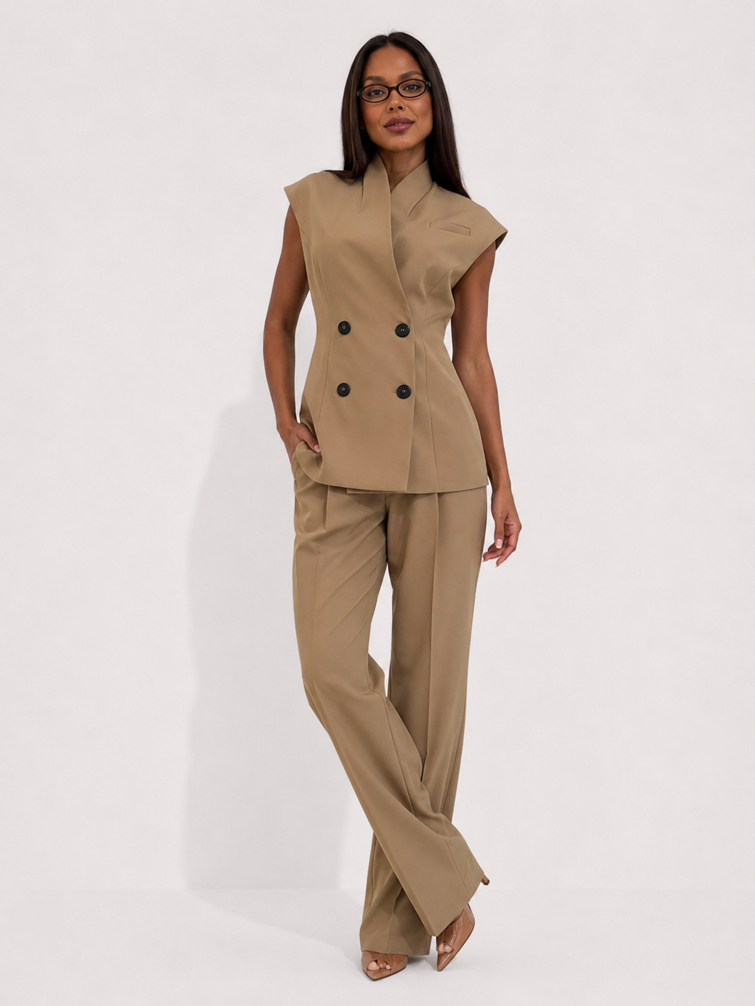 Sleeveless Double-Breasted Waistcoat and Tailored Trouser Co-ord