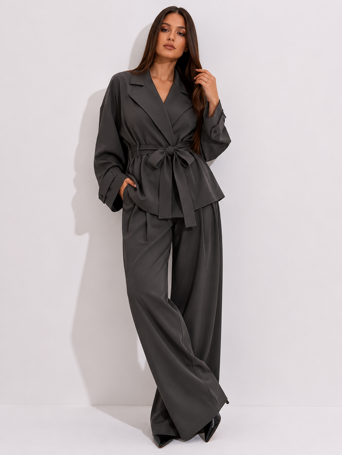 Satin Belted Kimono Jacket and Wide-Leg Trouser Set