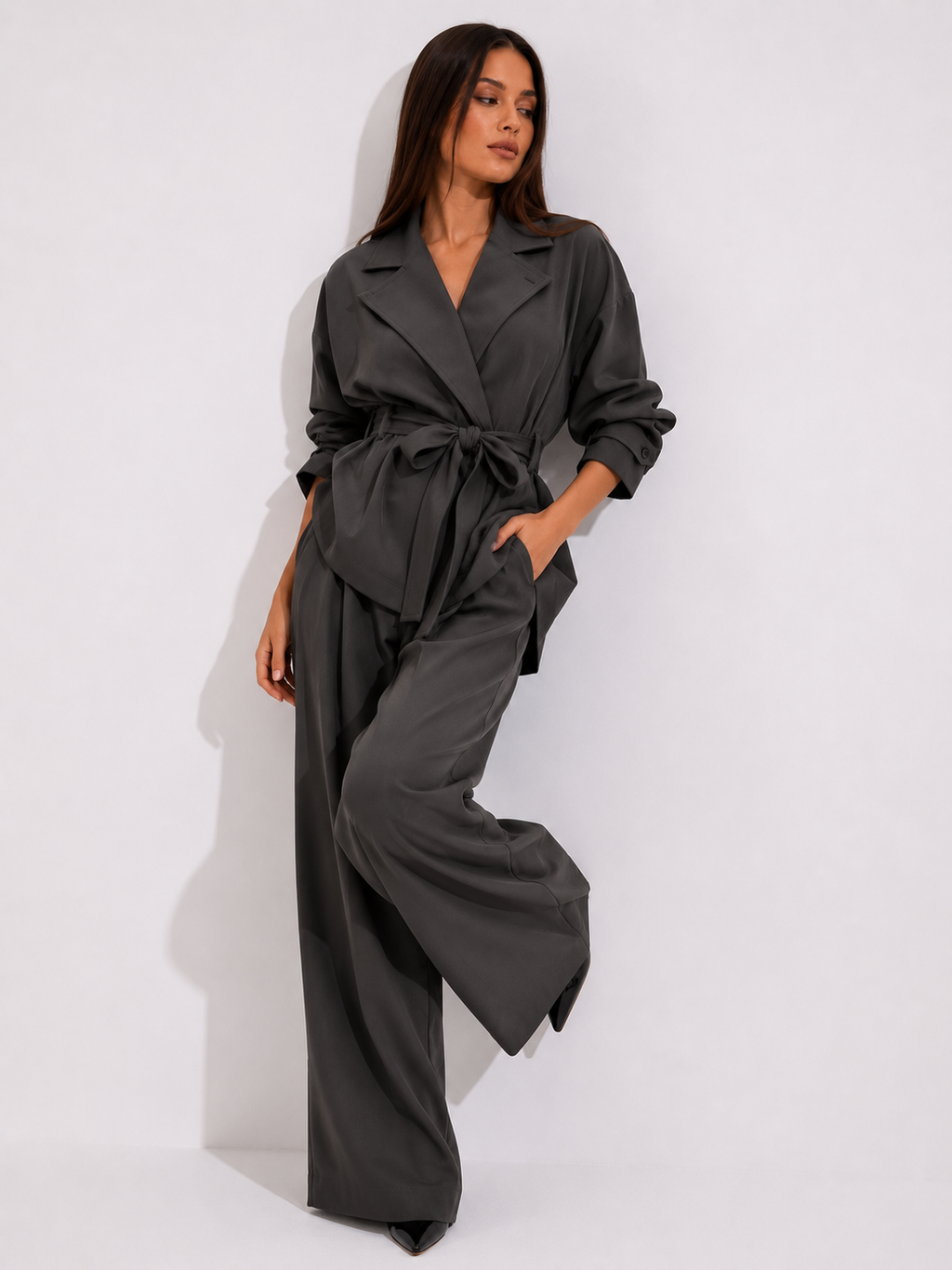 Satin Belted Kimono Jacket and Wide-Leg Trouser Set