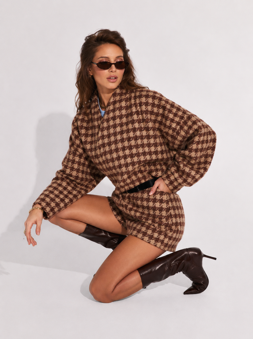 Houndstooth Wool Blouson and Shorts Co-ord