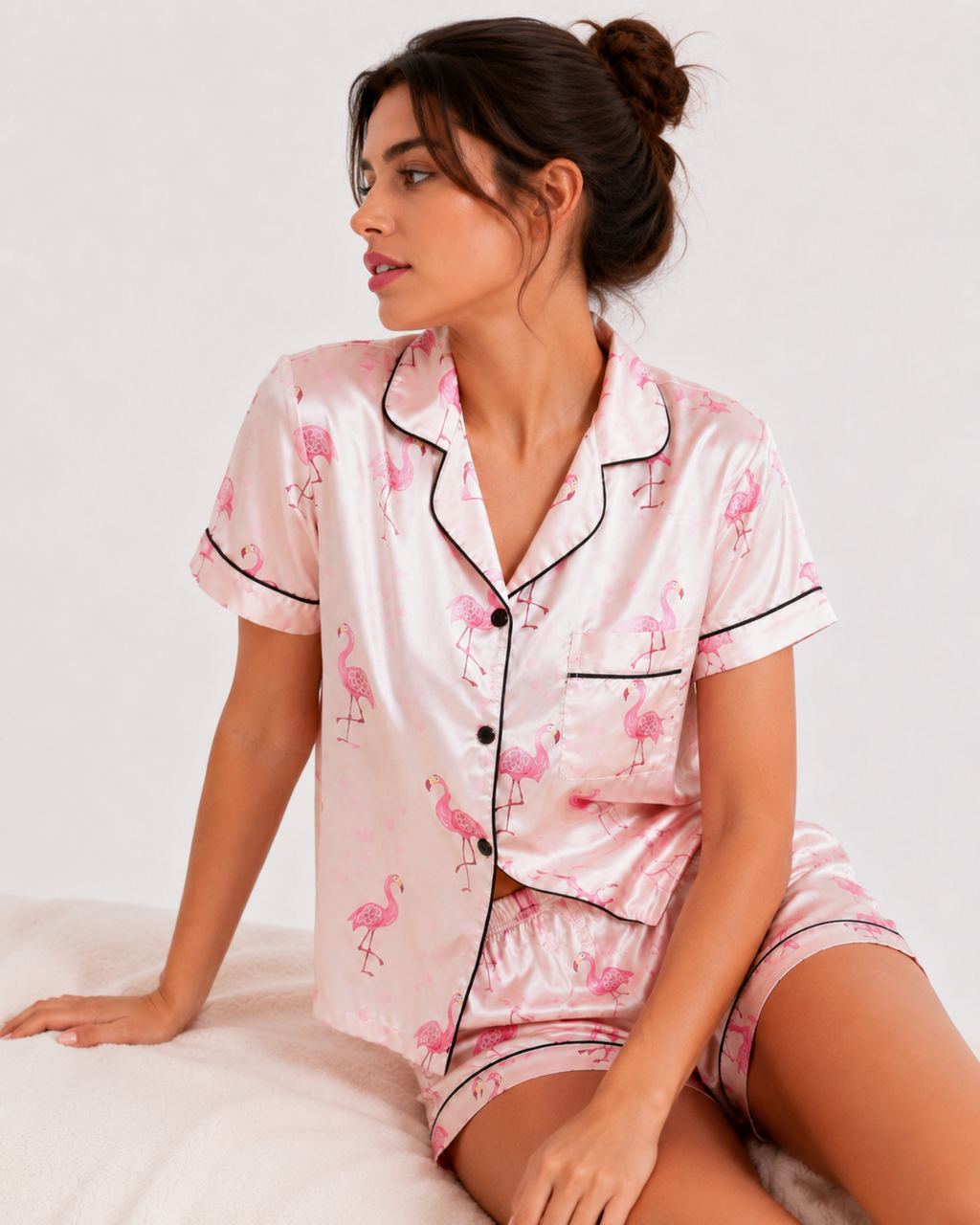 Satin-Finish Short Pyjama Set with Contrast Piping (ok)