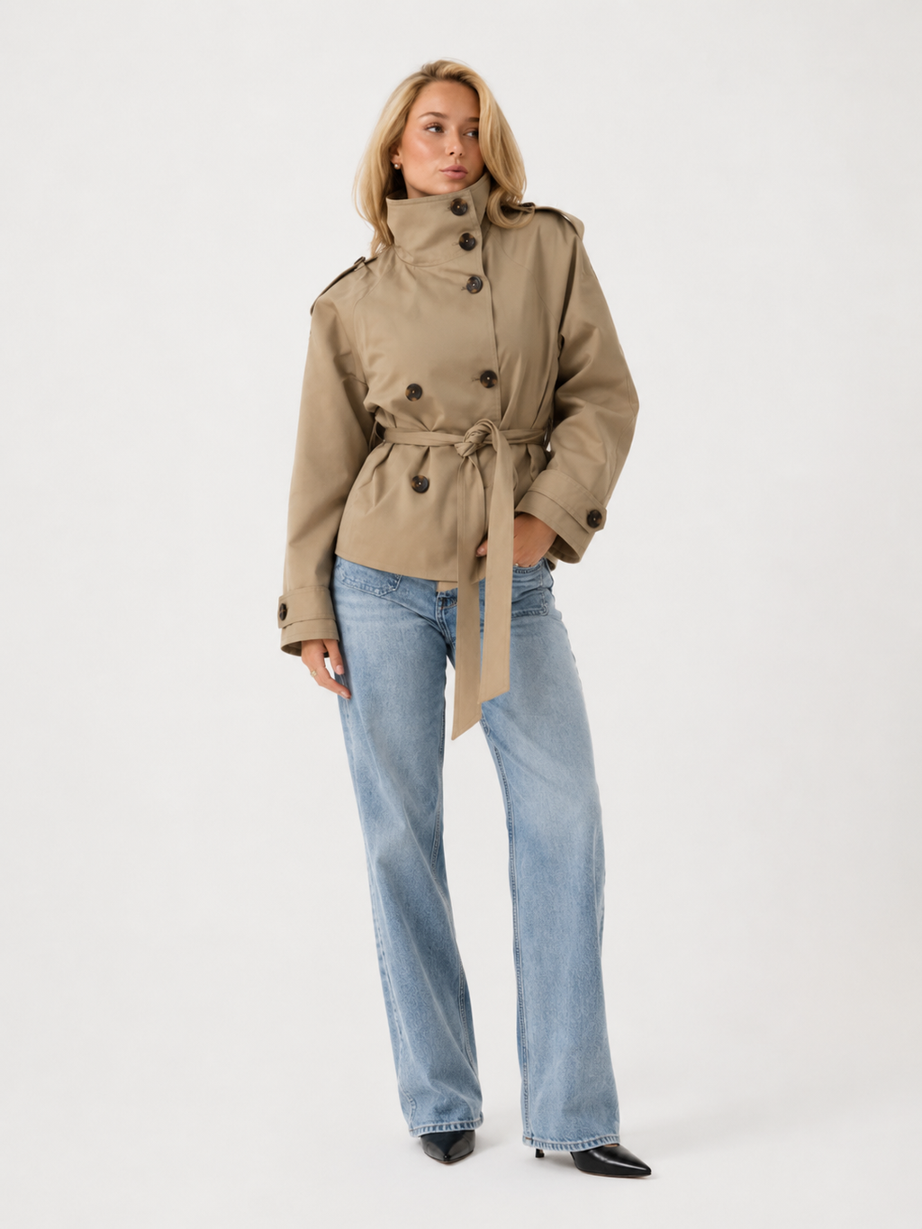 High-Neck Belted Double-Breasted Trench Jacket