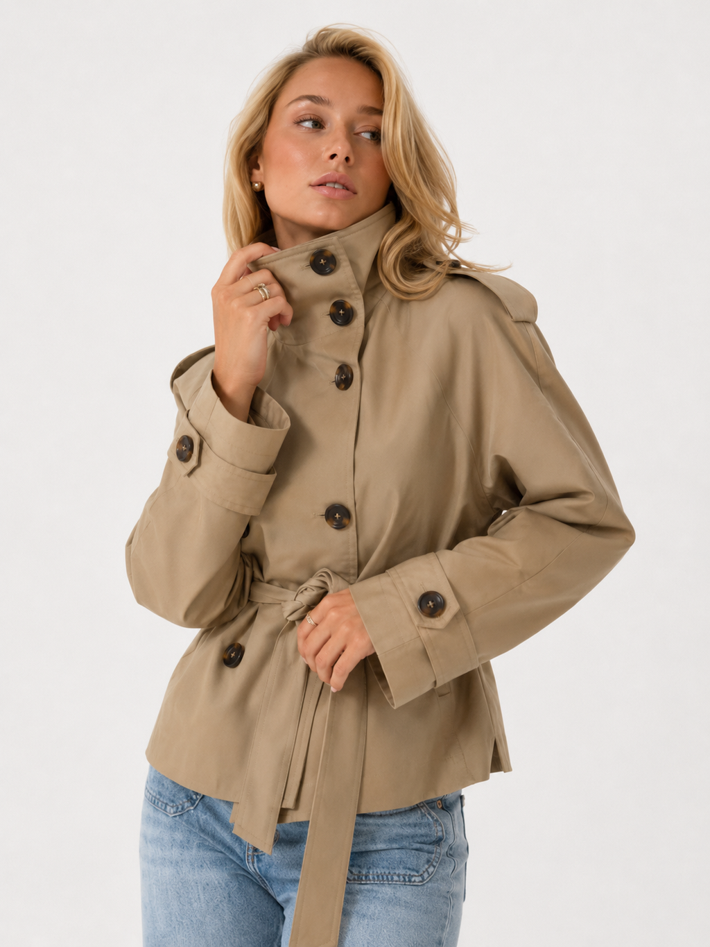 High-Neck Belted Double-Breasted Trench Jacket