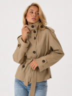 High-Neck Belted Double-Breasted Trench Jacket