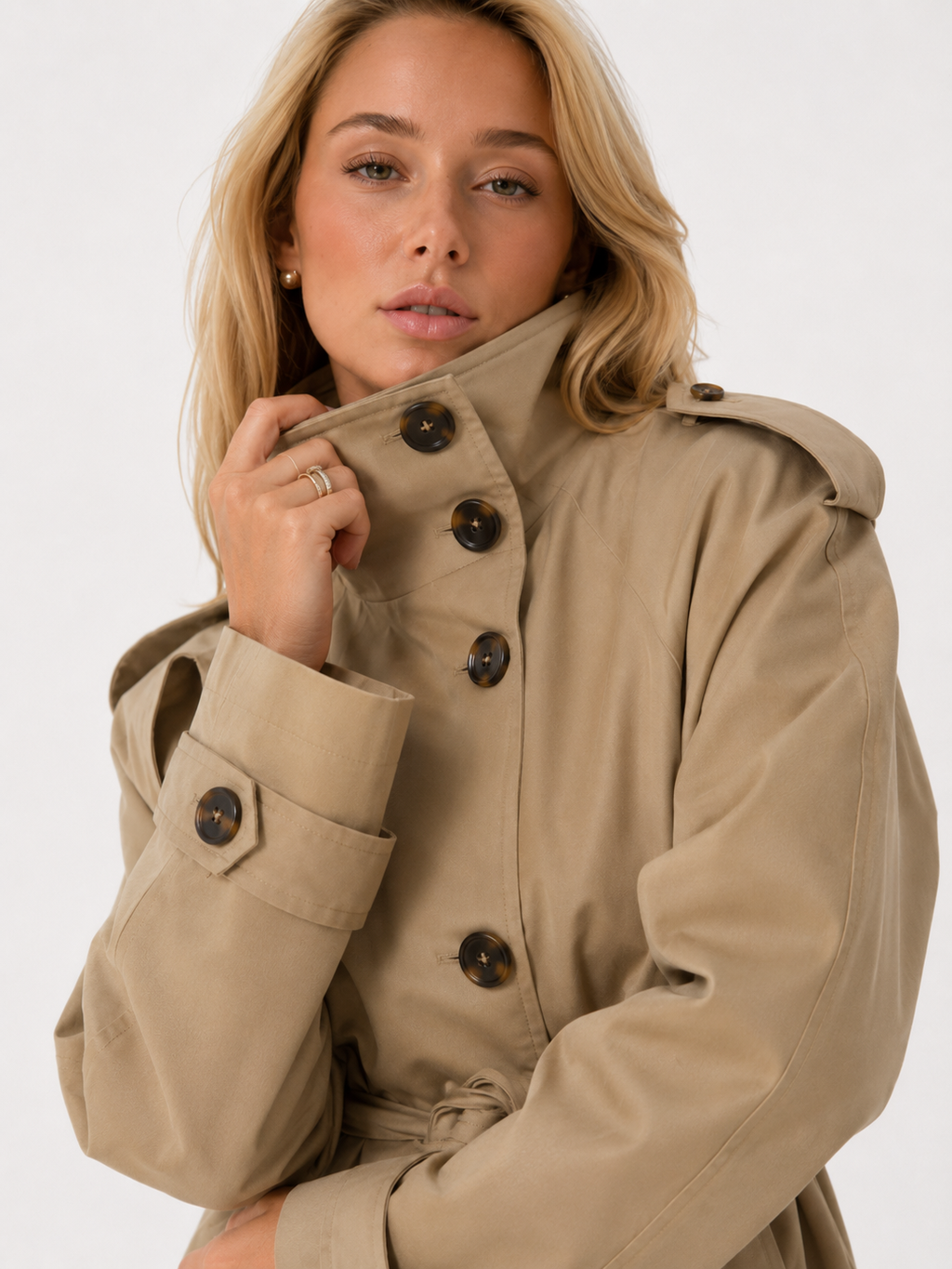 High-Neck Belted Double-Breasted Trench Jacket