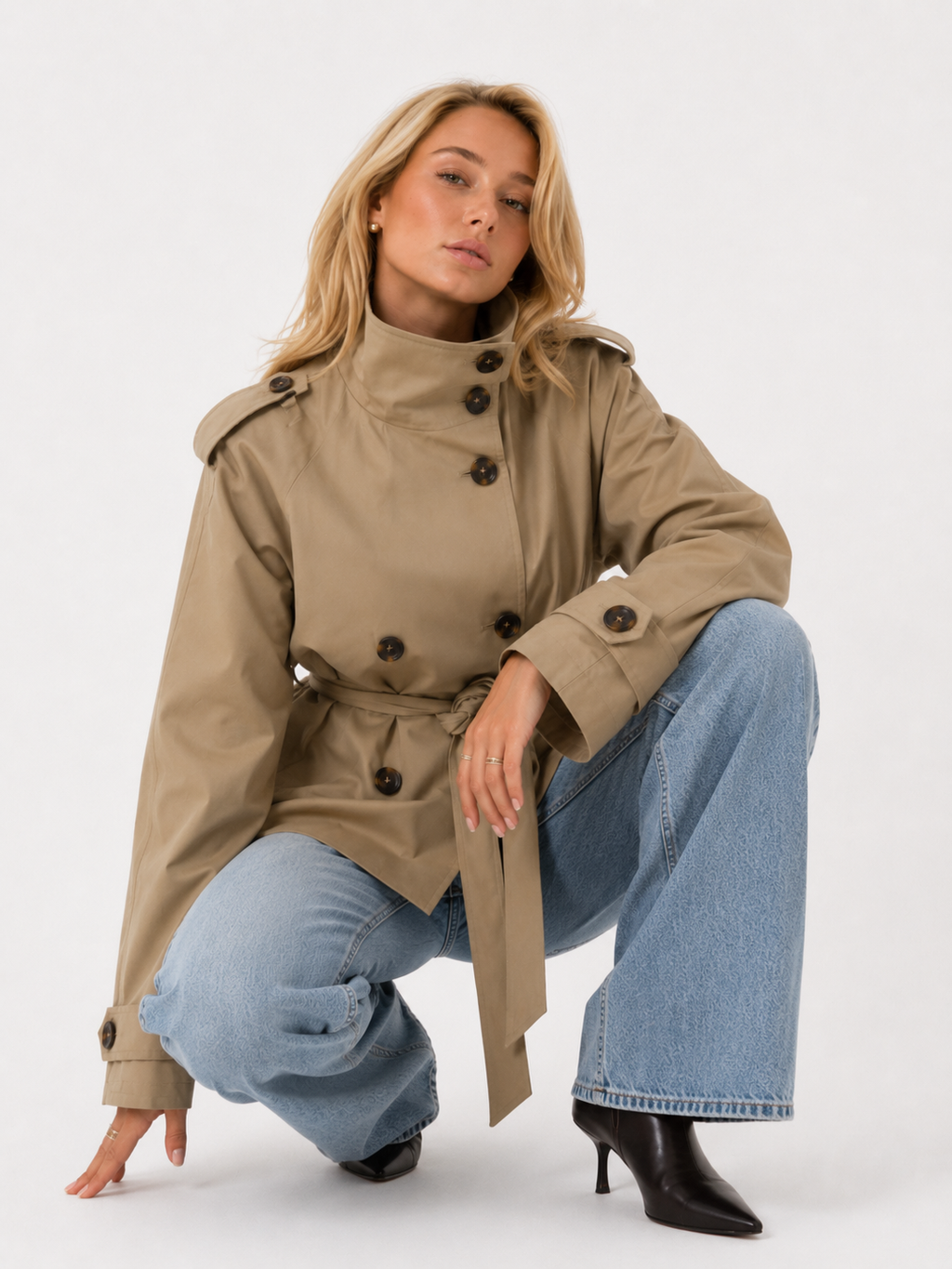High-Neck Belted Double-Breasted Trench Jacket