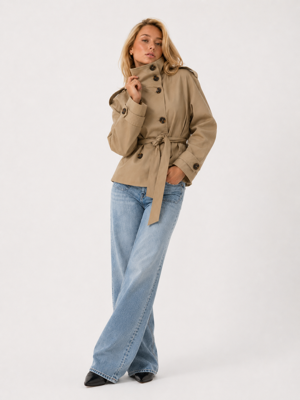 High-Neck Belted Double-Breasted Trench Jacket