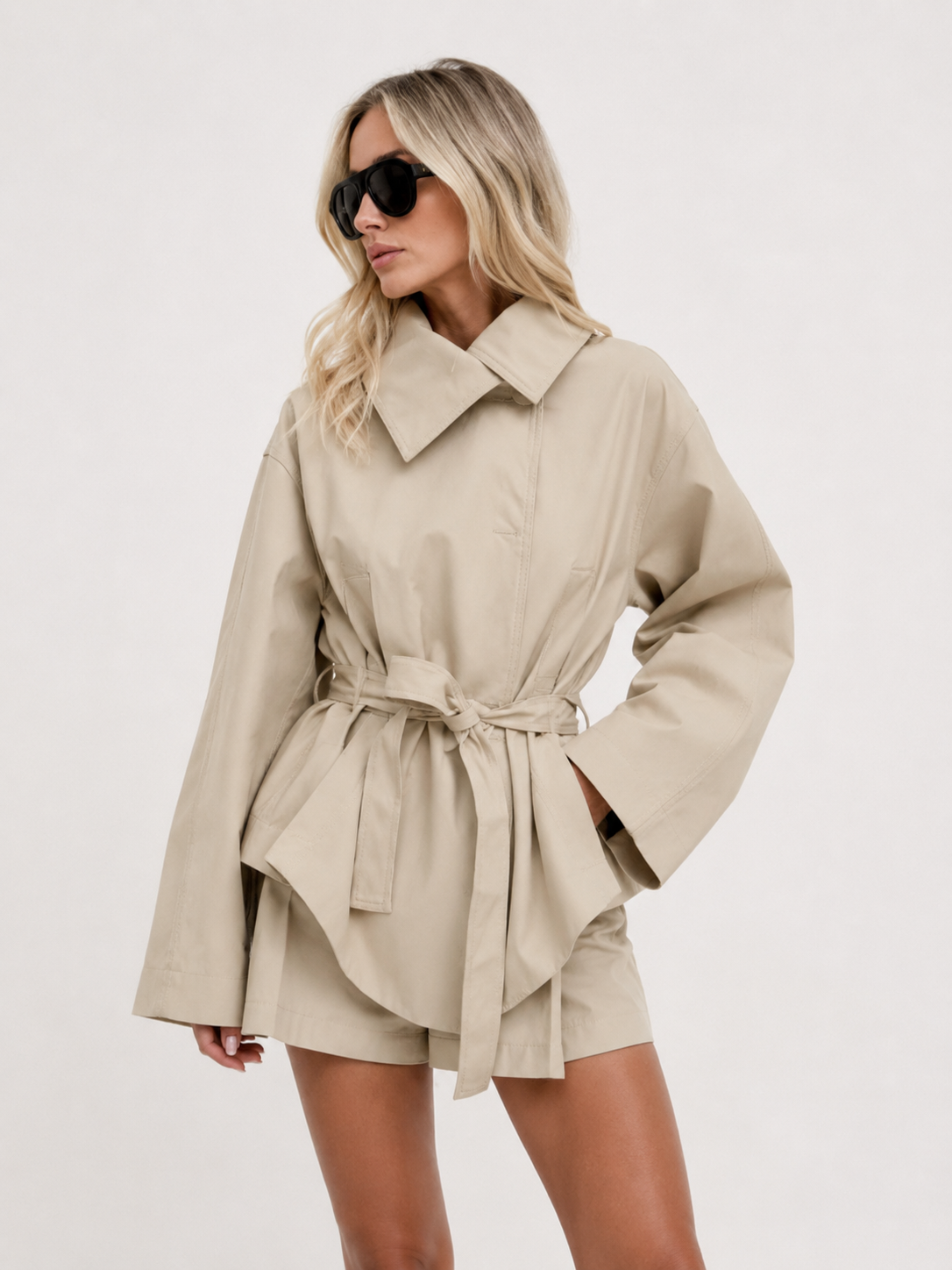 Oversized Belted High-Collar Trench Jacket