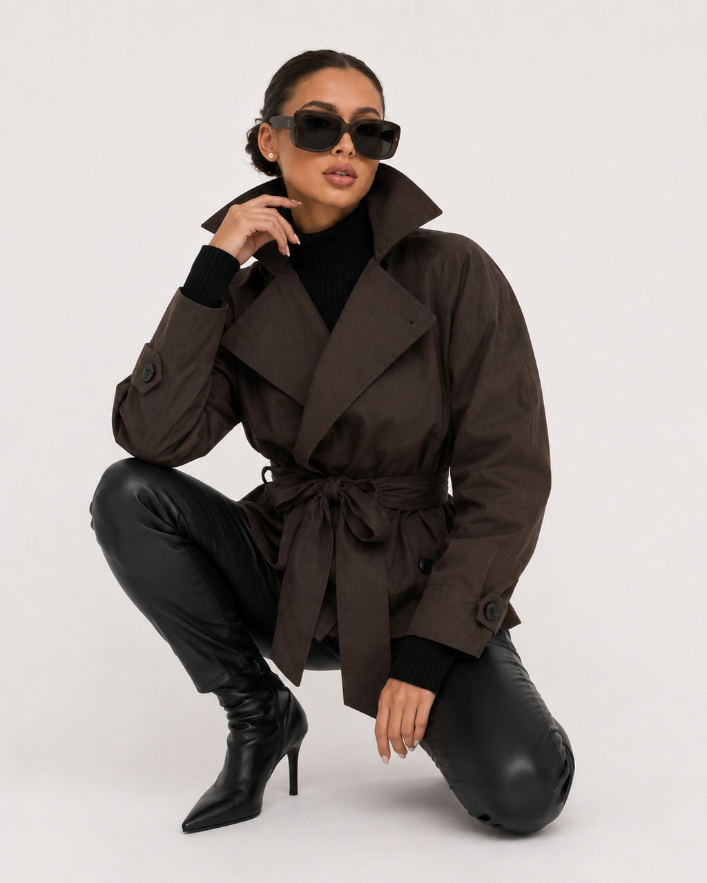 Wrap-Belt Cropped Trench Jacket