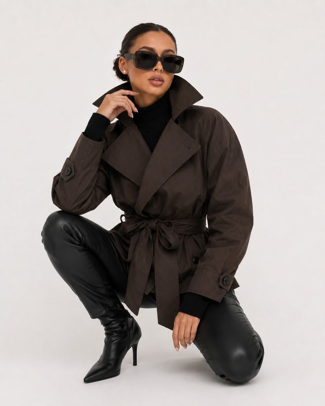 Wrap-Belt Cropped Trench Jacket