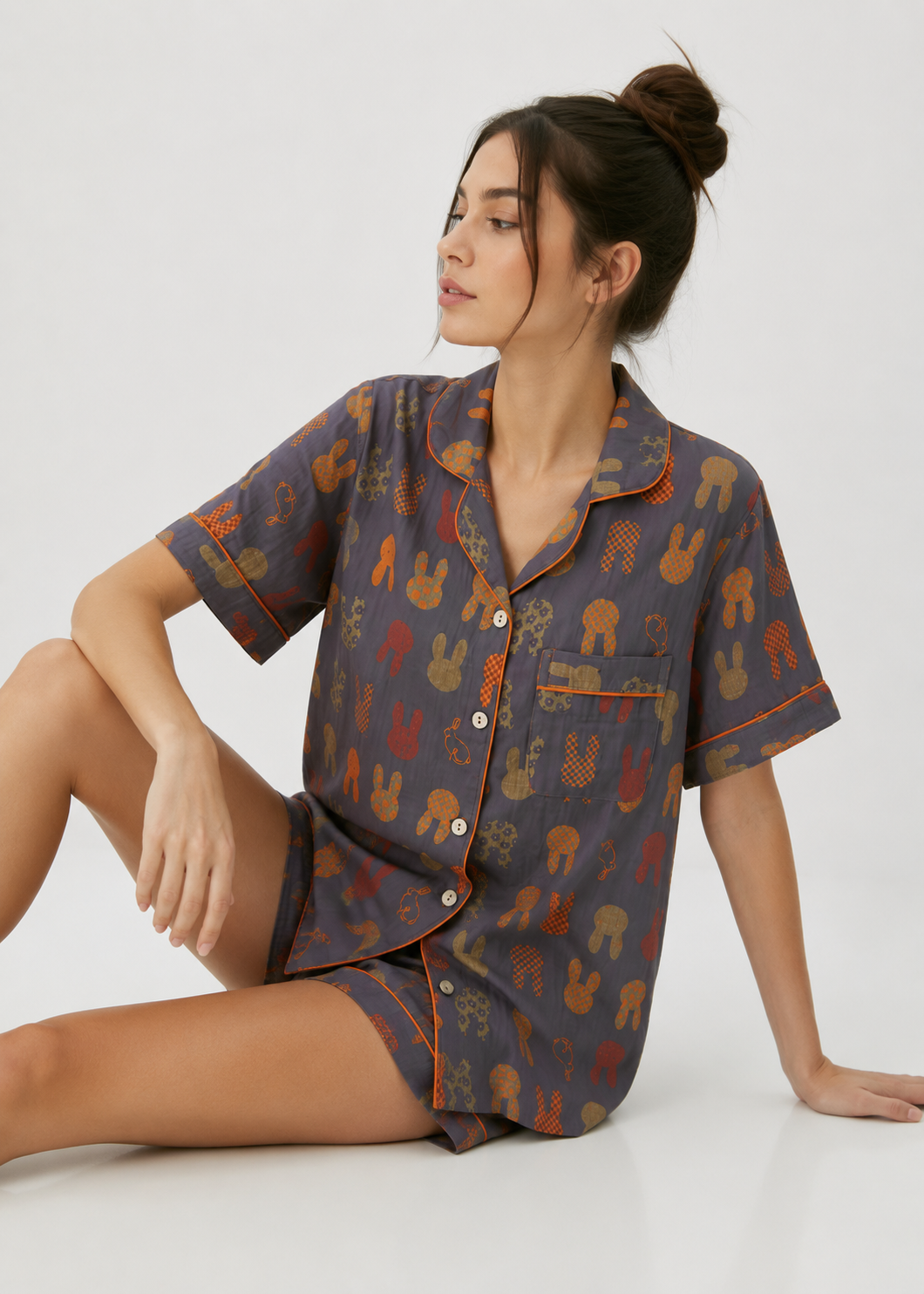 Textured Cotton-Gauze Short Pyjama Set with Fine Piping(ok)