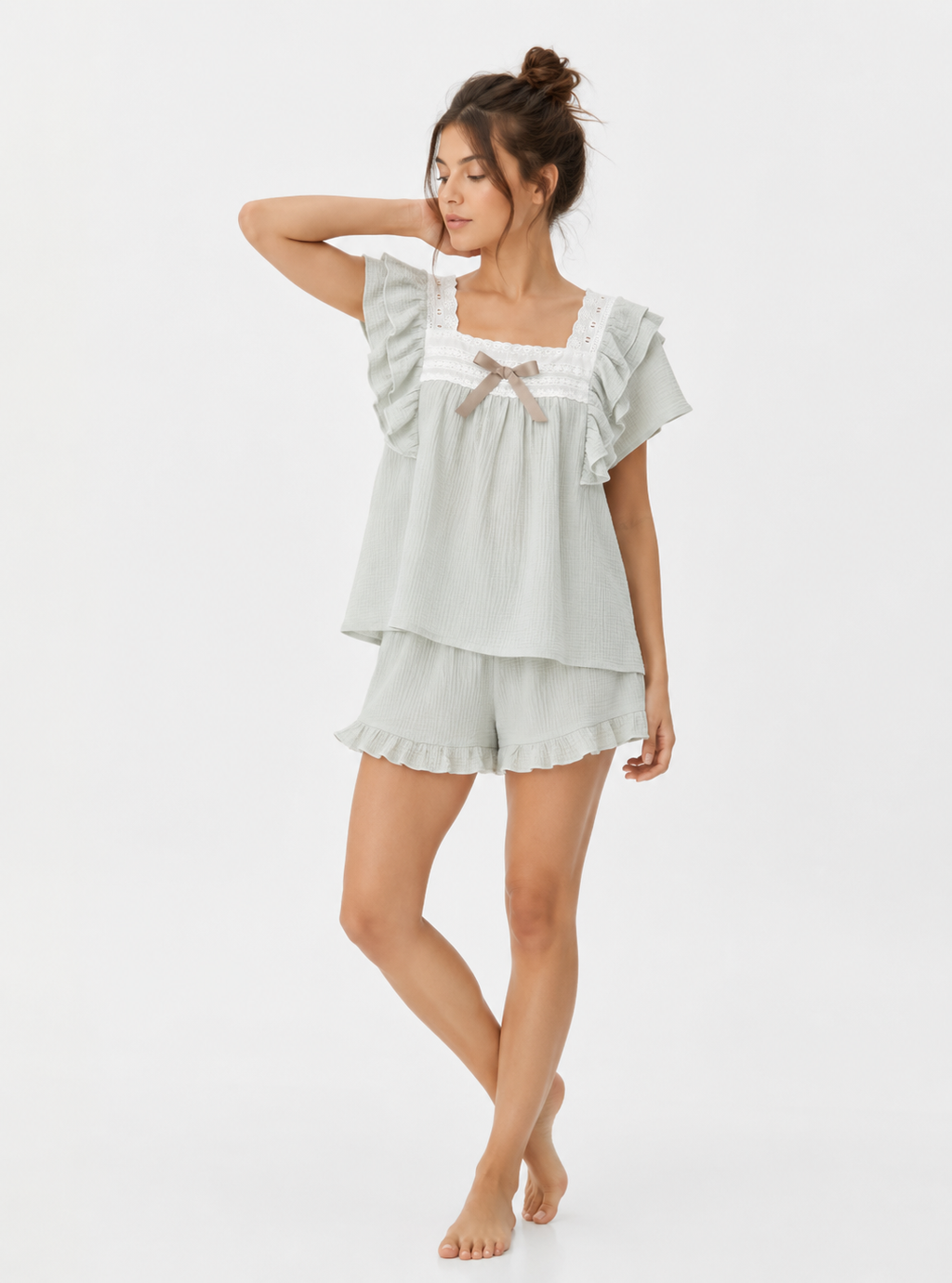Textured Cotton-Gauze Pyjama Set with Lace Trim and Ruffled Edges(ok)