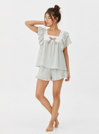 Textured Cotton-Gauze Pyjama Set with Lace Trim and Ruffled Edges(ok)
