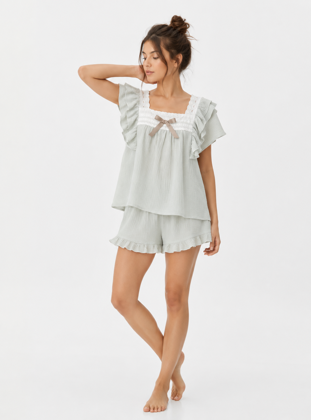 Textured Cotton-Gauze Pyjama Set with Lace Trim and Ruffled Edges(ok)