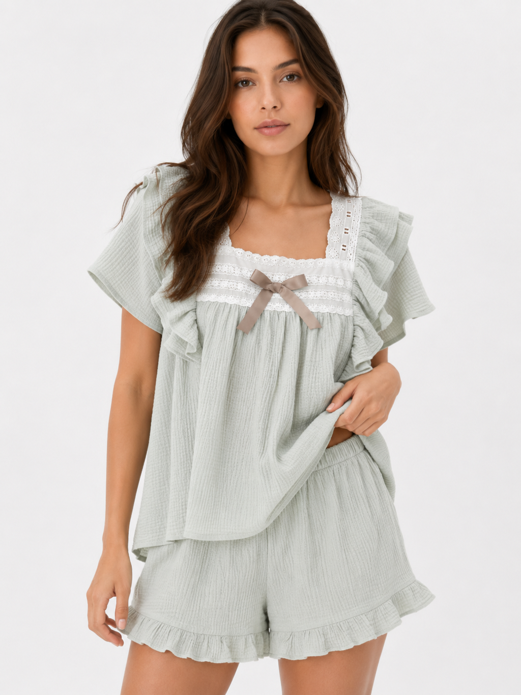 Textured Cotton-Gauze Pyjama Set with Lace Trim and Ruffled Edges(ok)