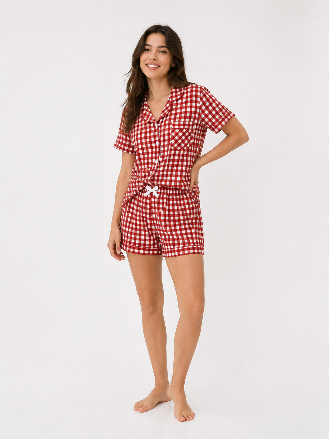 Textured Cotton-Gauze Short Pyjama Set with Ribbon Detail(ok)