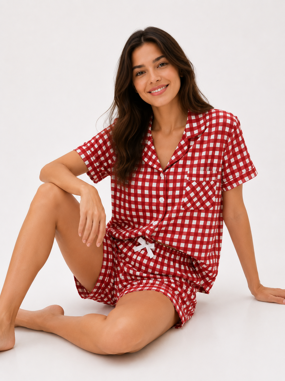 Textured Cotton-Gauze Short Pyjama Set with Ribbon Detail(ok)