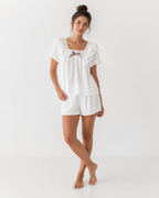 Textured Cotton-Gauze Pyjama Set with Lace Trim and Ruffled Edges(ok)