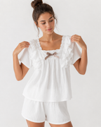Textured Cotton-Gauze Pyjama Set with Lace Trim and Ruffled Edges(ok)