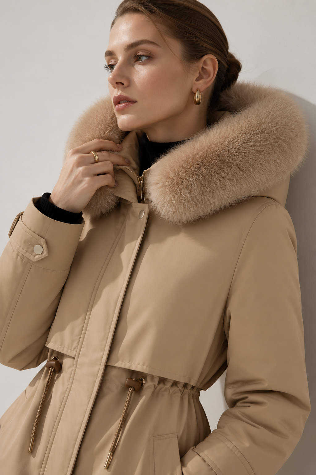 Plush-Collar Longline Parka Coat
