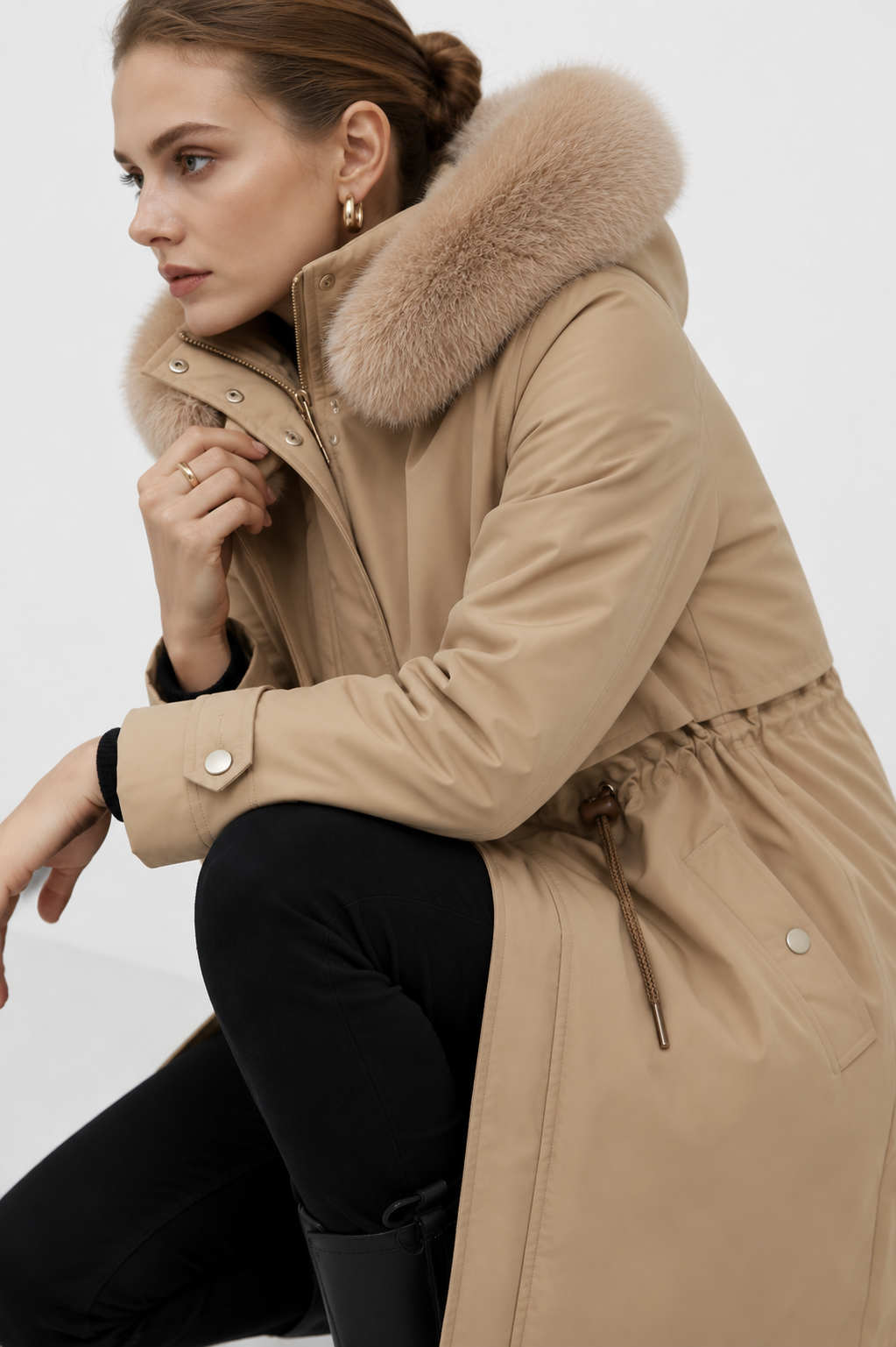 Plush-Collar Longline Parka Coat