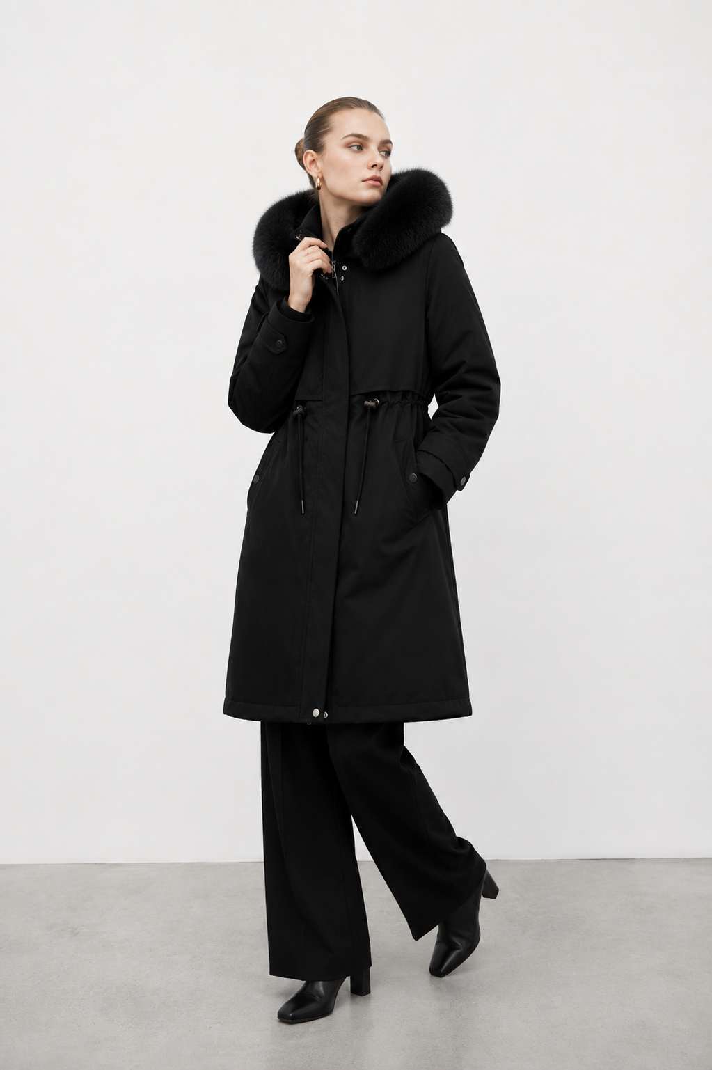 Plush-Collar Longline Parka Coat