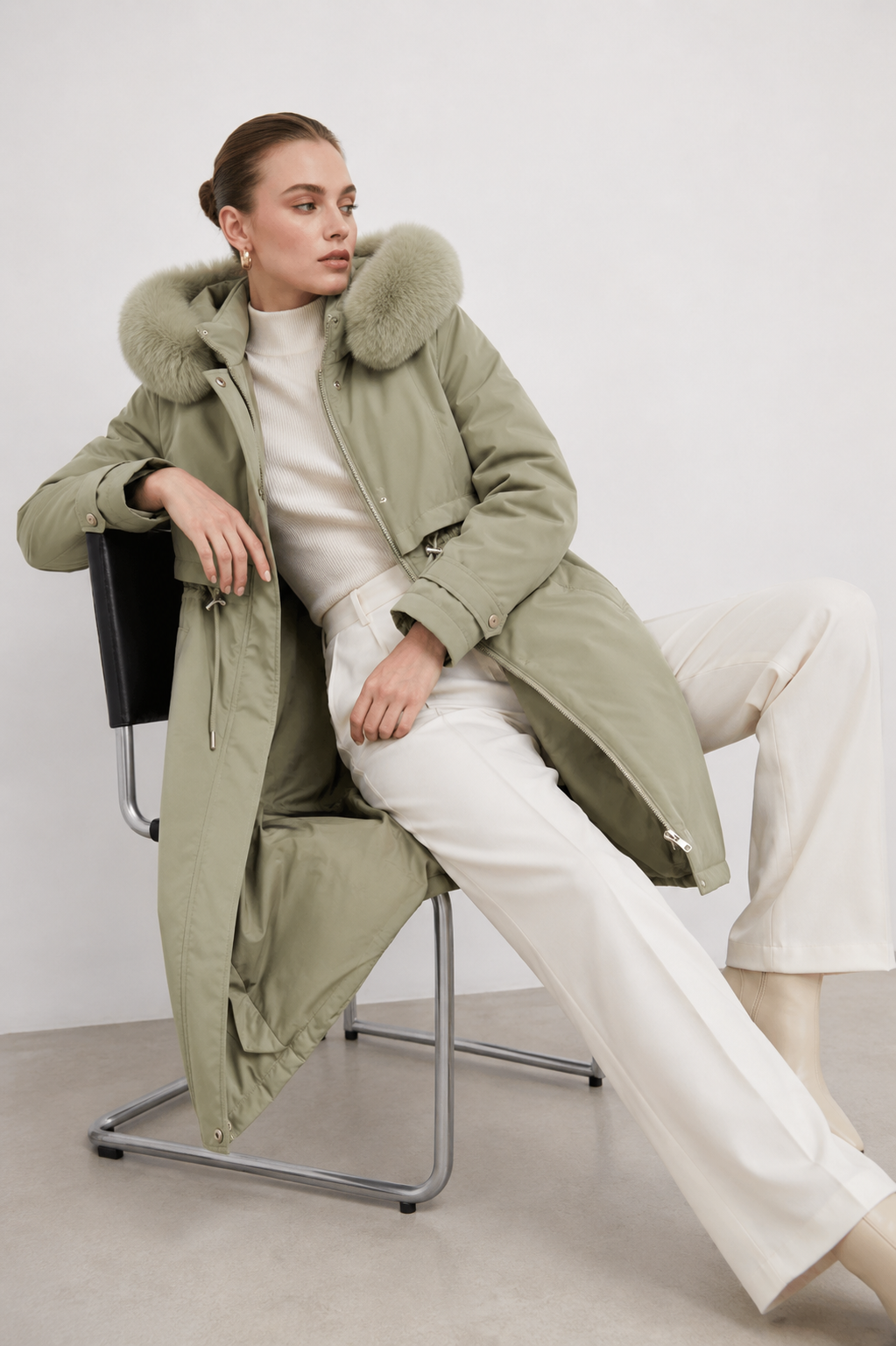 Plush-Collar Longline Parka Coat