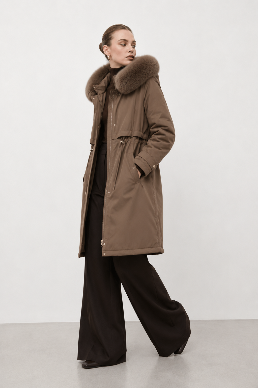 Plush-Collar Longline Parka Coat