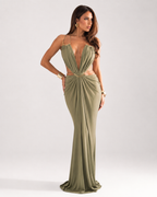 Ring-Detail Ruched Halter Maxi Dress