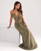 Ring-Detail Ruched Halter Maxi Dress