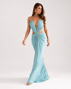 Ring-Detail Ruched Halter Maxi Dress