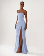 Strapless Pleated High-Split Maxi Dress