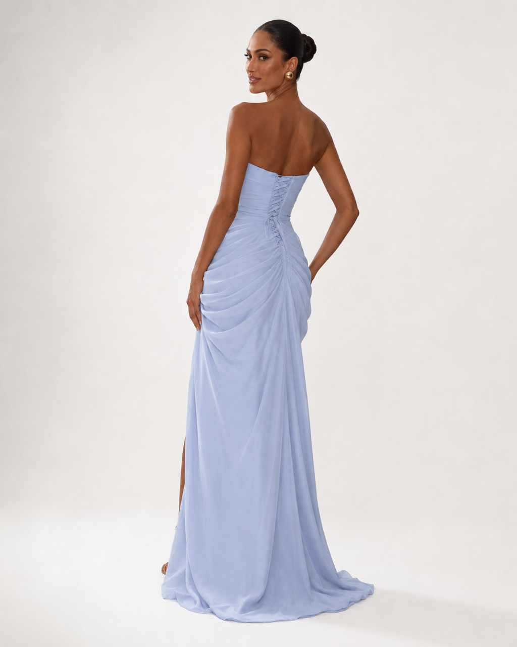 Strapless Pleated High-Split Maxi Dress