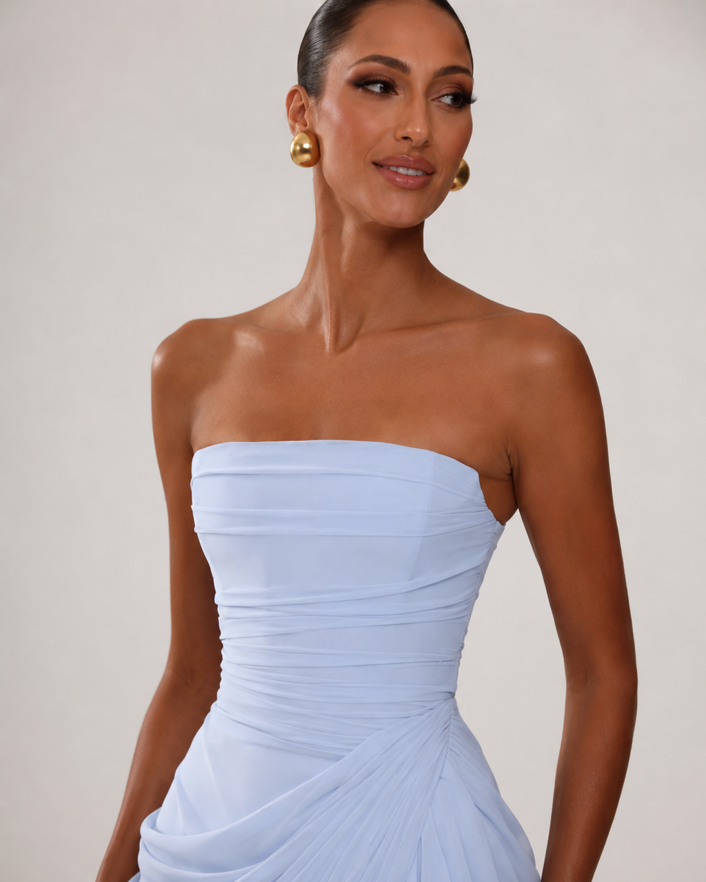 Strapless Pleated High-Split Maxi Dress