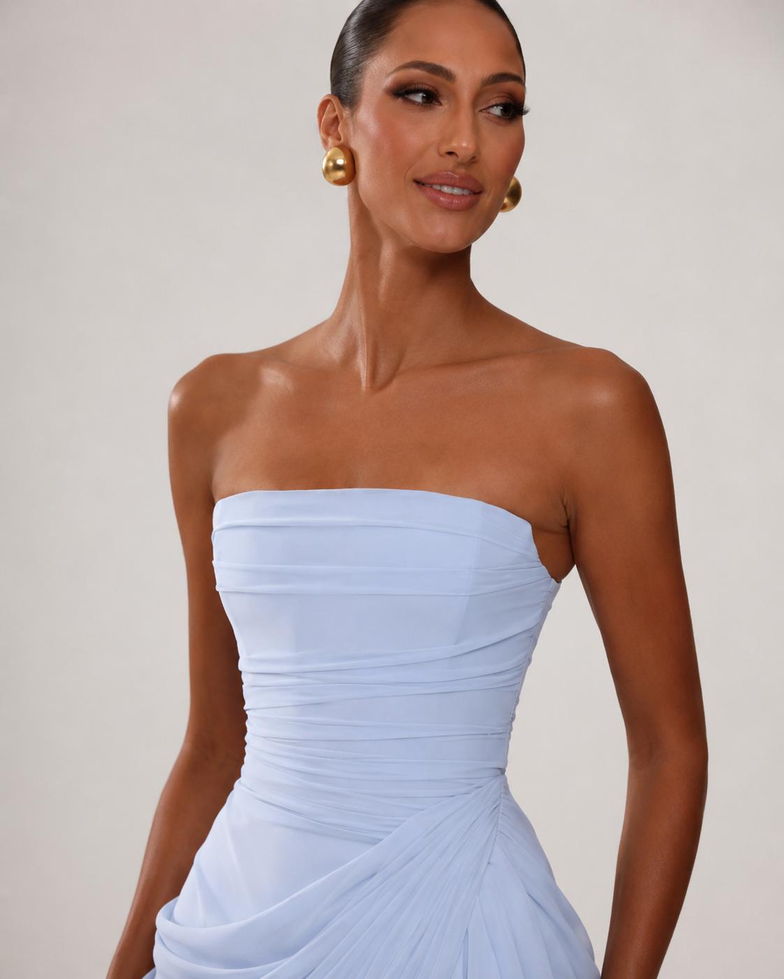 Strapless Pleated High-Split Maxi Dress