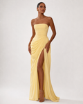 Strapless Pleated High-Split Maxi Dress