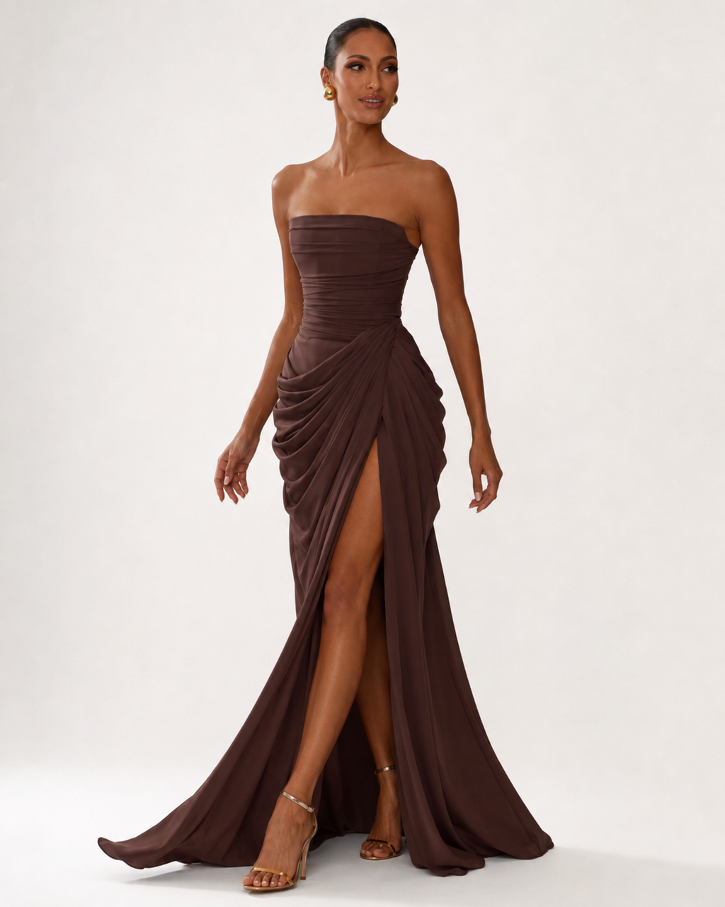 Strapless Pleated High-Split Maxi Dress