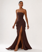 Strapless Pleated High-Split Maxi Dress