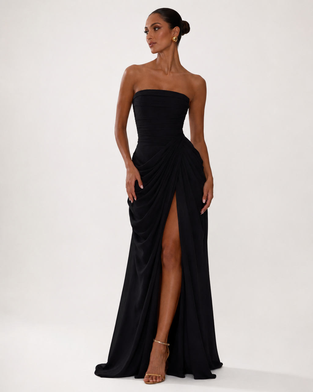 Strapless Pleated High-Split Maxi Dress