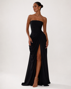 Strapless Pleated High-Split Maxi Dress