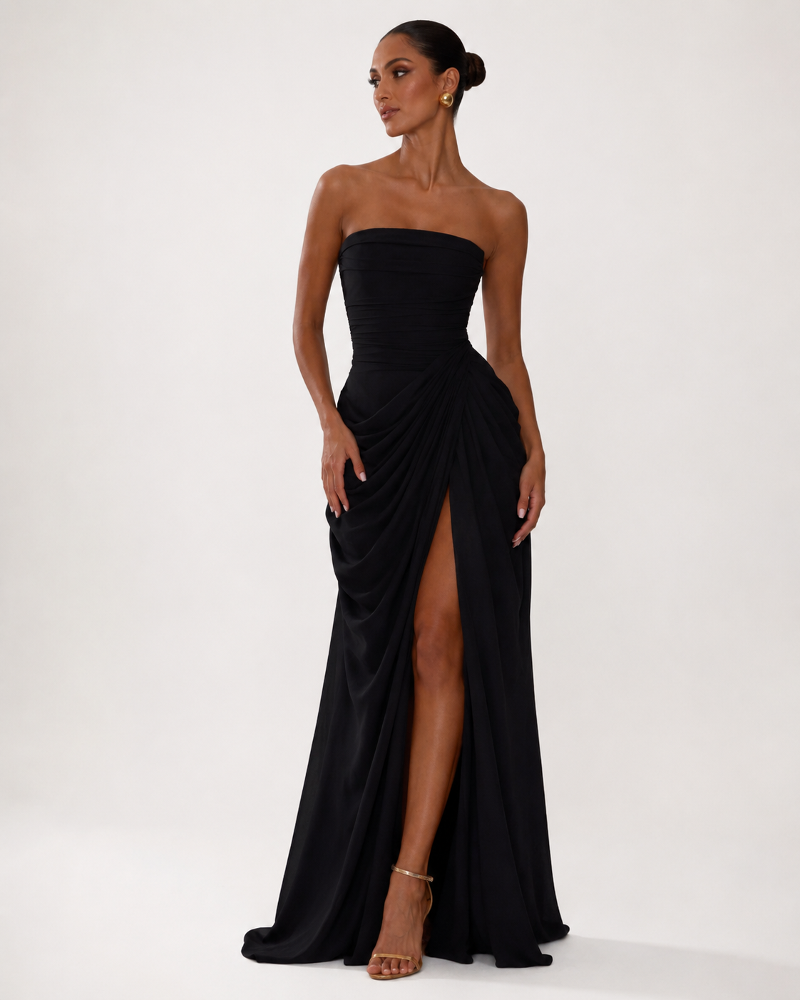Strapless Pleated High-Split Maxi Dress