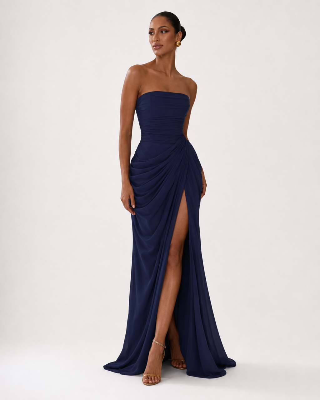 Strapless Pleated High-Split Maxi Dress